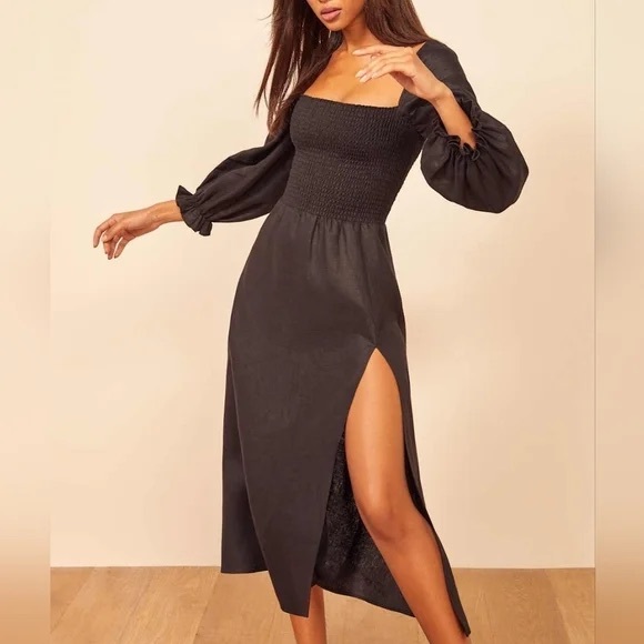Reformation Small Black Gitane 100% Linen Long Puff Sleeve Smocked Midi Dress - Picture 11 of 14